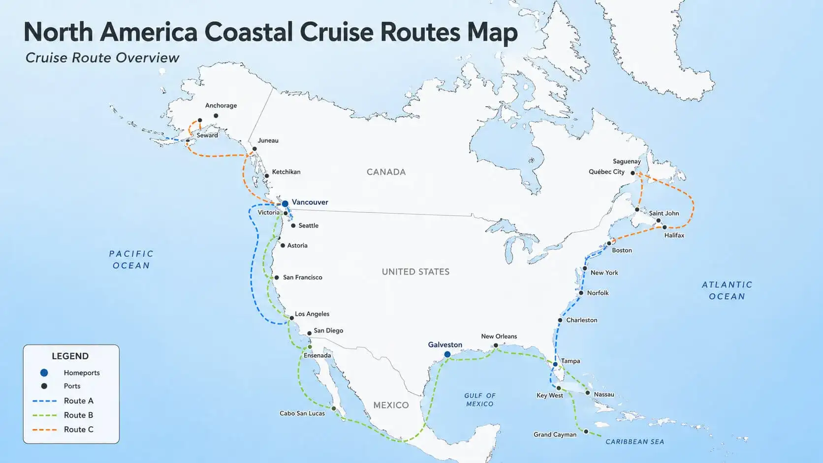 North America Coastal Cruise Route Map